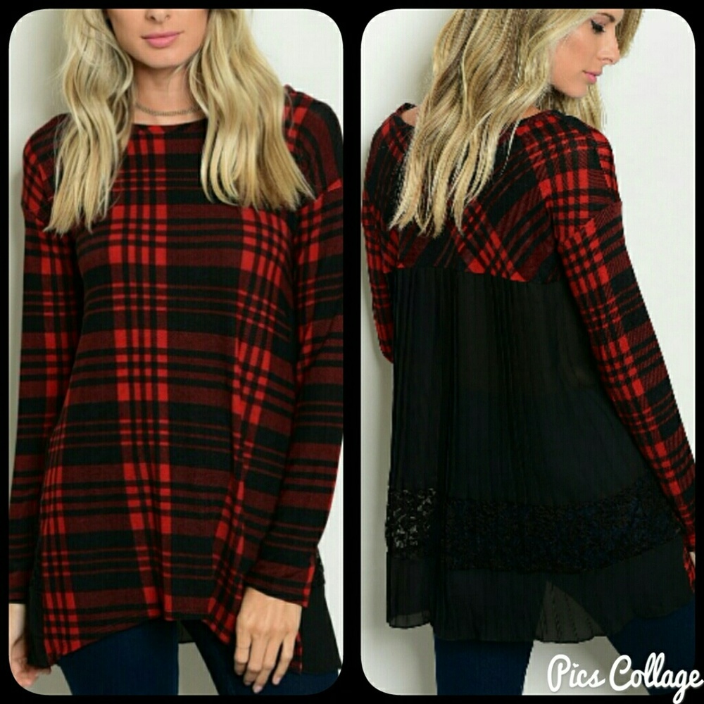 Plaid Tunic with Sheer/Lace Back